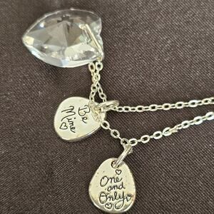 Crystal Heart Pendant Necklace “Be Mine / One and Only” Silver Tone